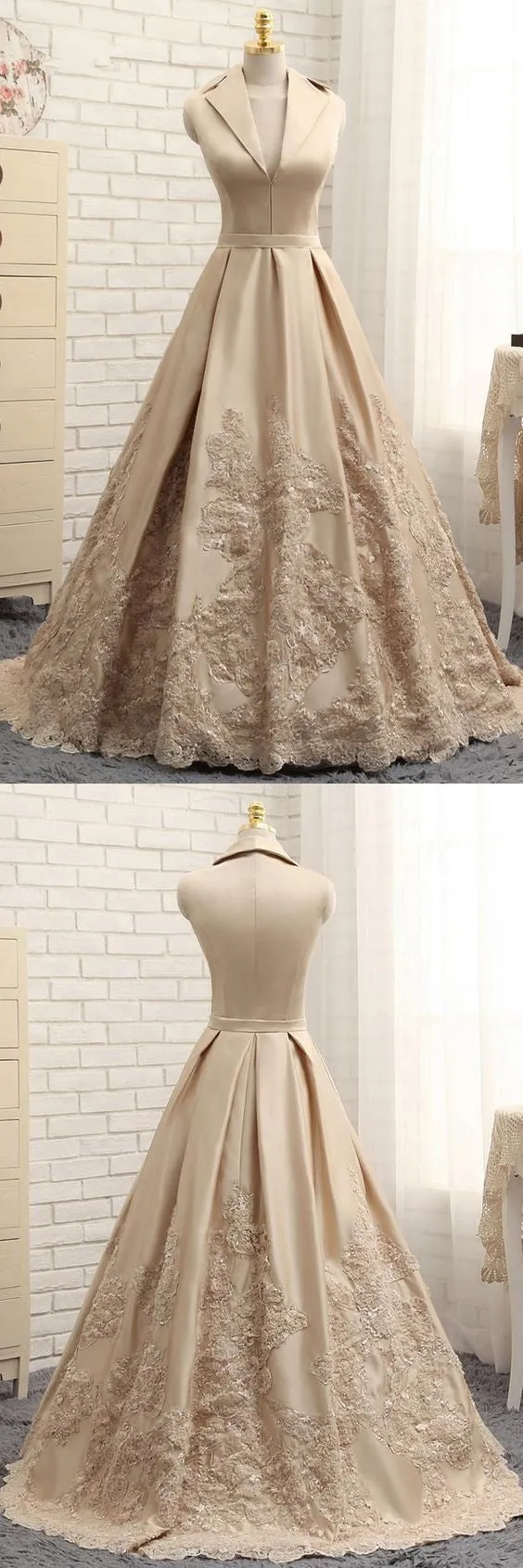 Shawl Collar Champagne Lace Wedding Dress,21121011