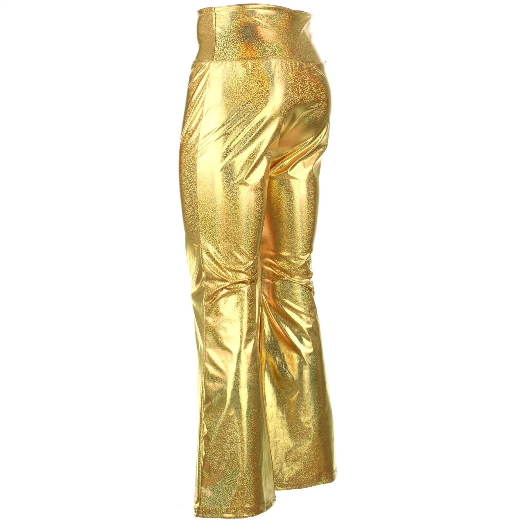 Shiny Metallic Flares Trousers - Gold