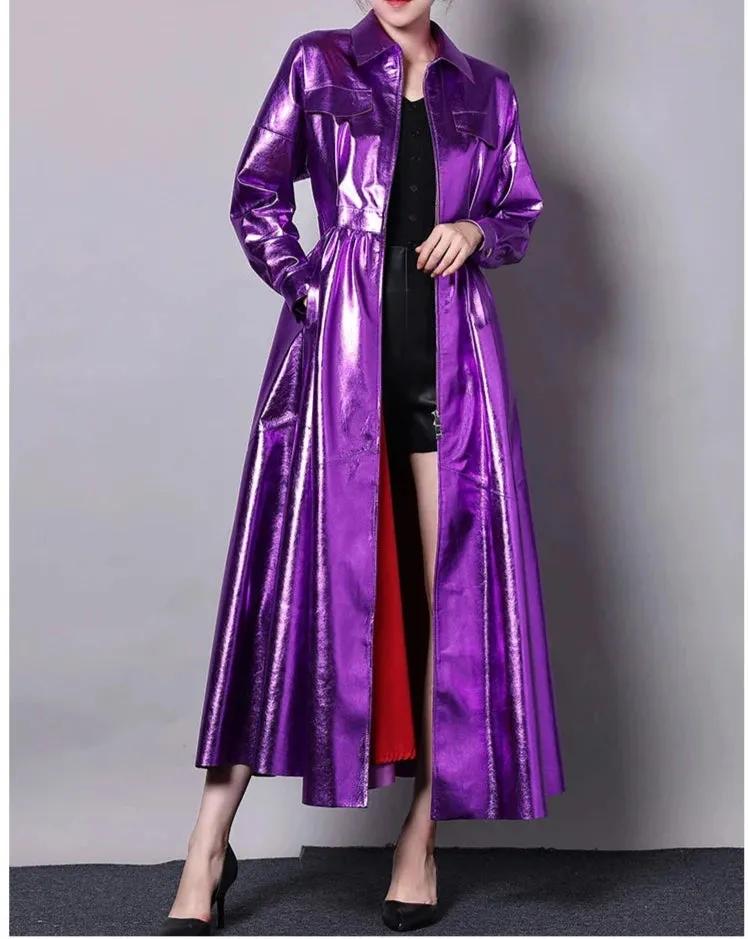 Shiny Patent PU Leather Trench Coat