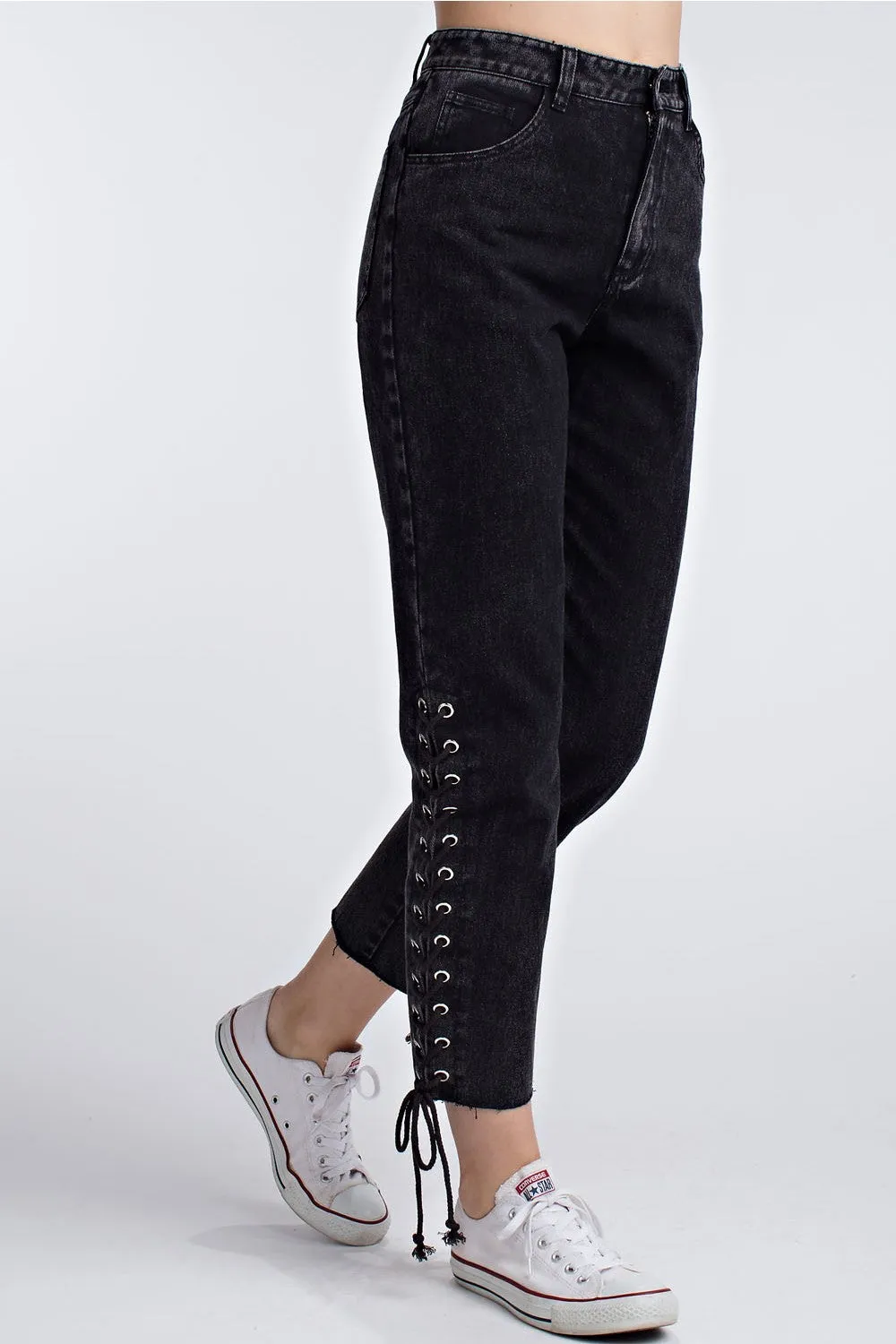 Side Lace Up Denim Pant, Black