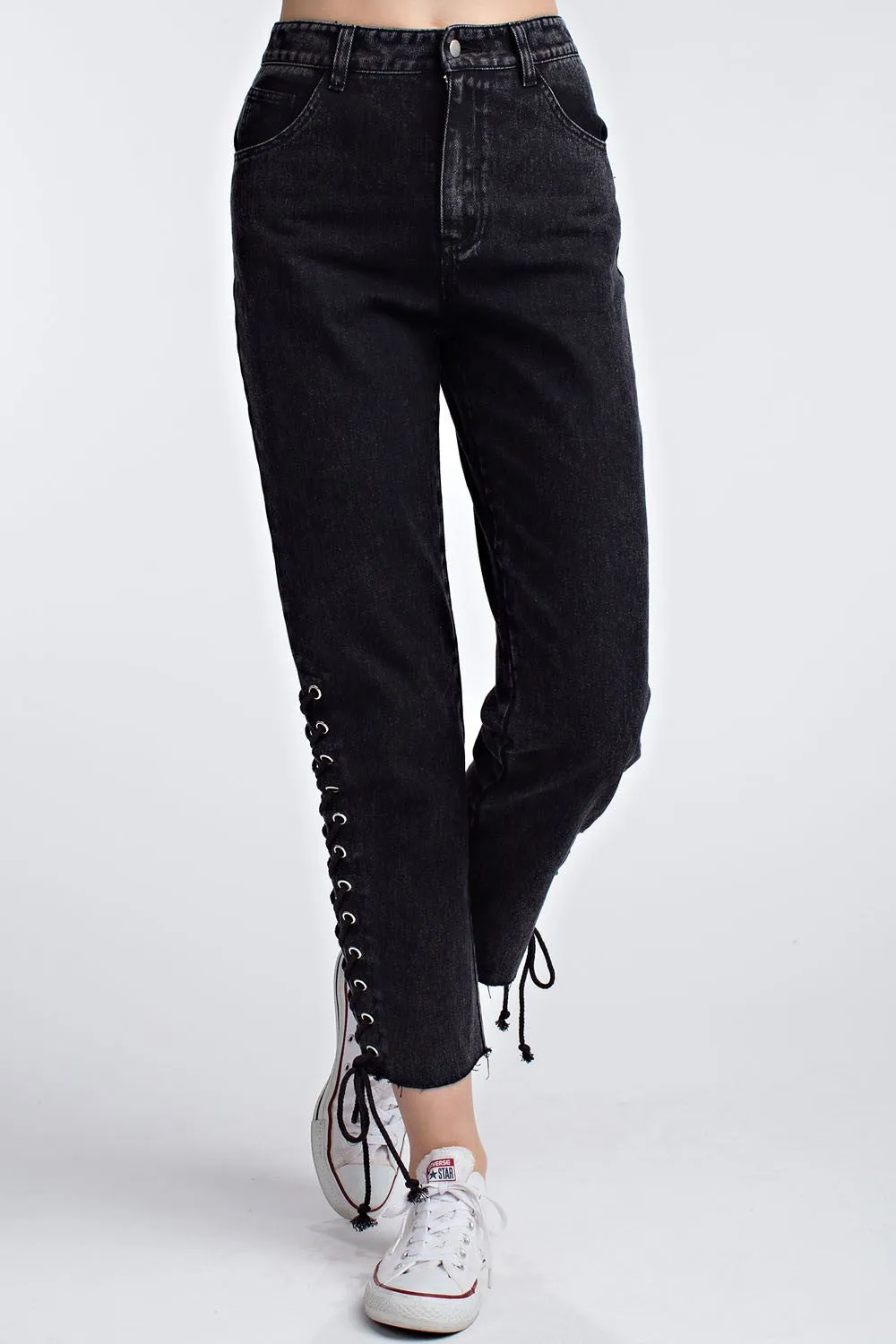 Side Lace Up Denim Pant, Black