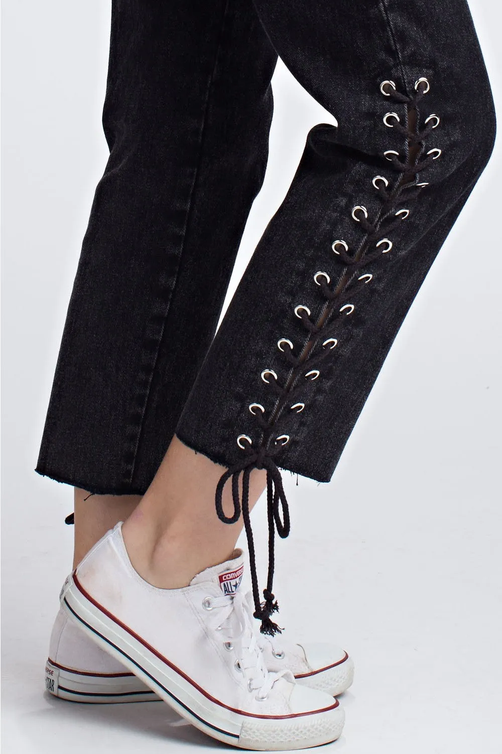 Side Lace Up Denim Pant, Black