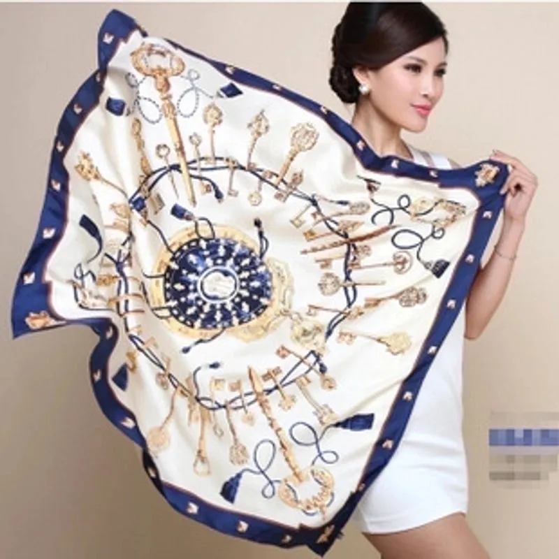 Silk Scarf Key Pattern Ladies Satin Big Square Printing Scarf Silk Scarf