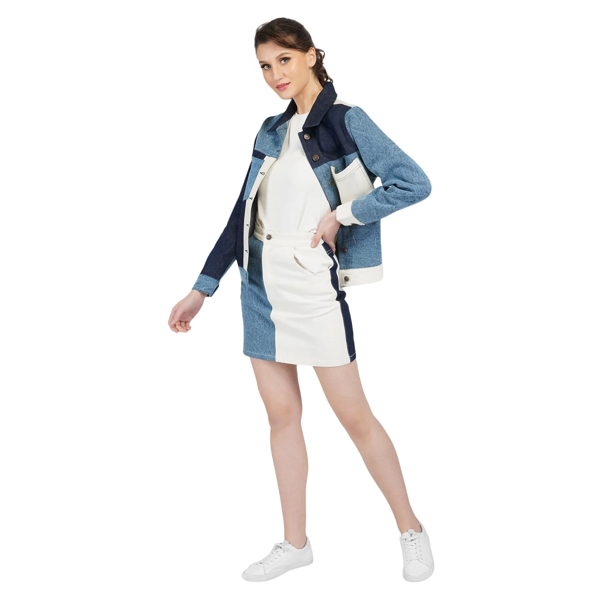 SLAY. Women's Blue & White Colorblock Denim Skirt