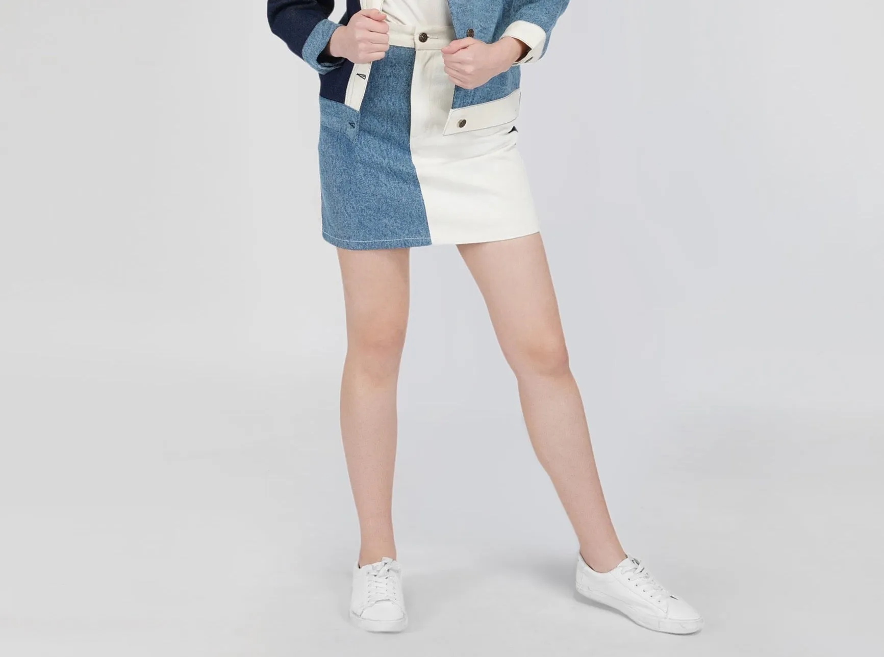 SLAY. Women's Blue & White Colorblock Denim Skirt