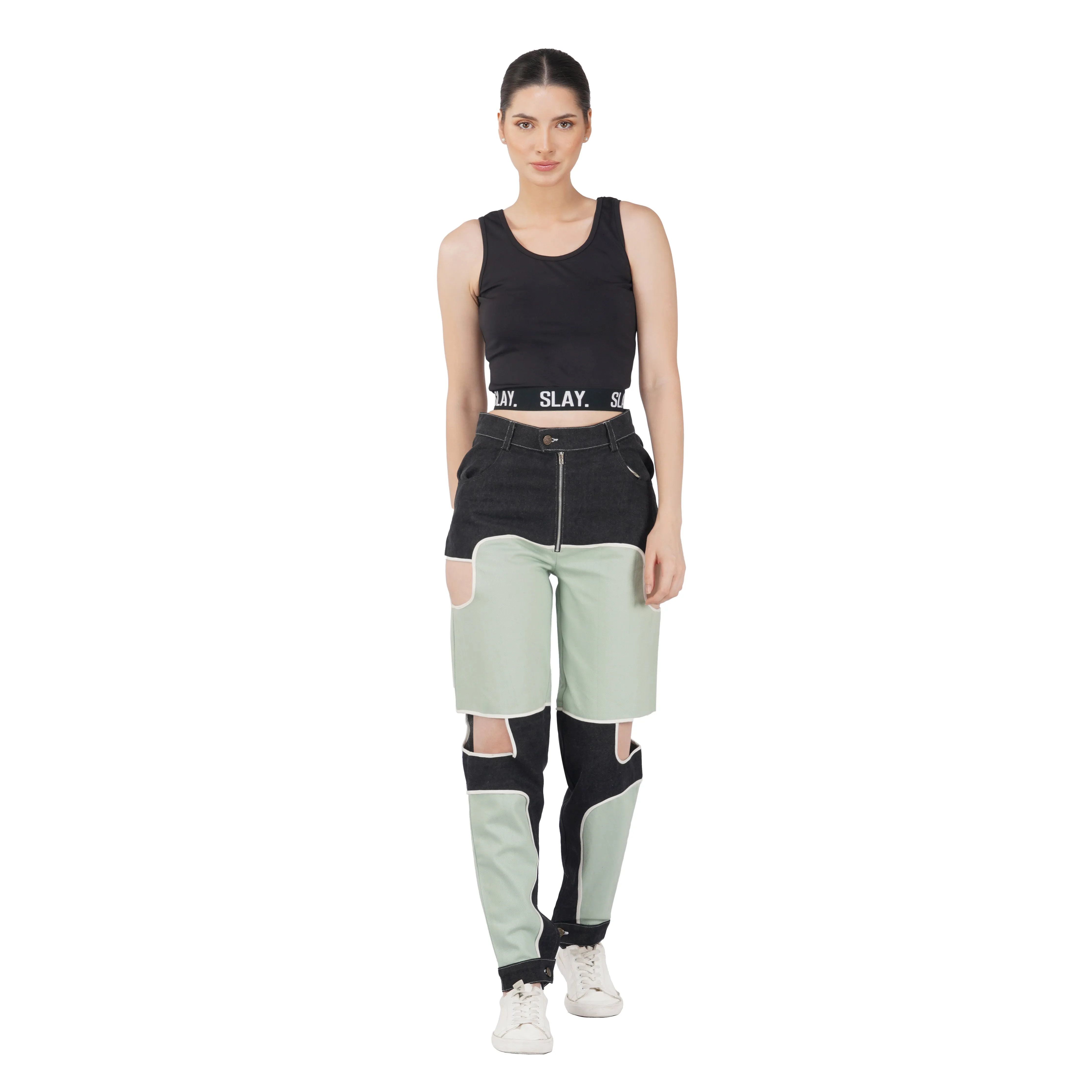 SLAY. Women's Colorblock Denim Jeans & Crop top Co-ord Set