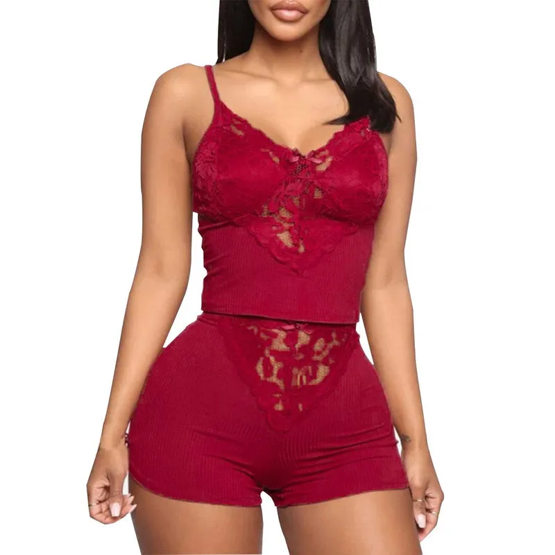 Sleeveless V-neck Transparent Lace Nightwear