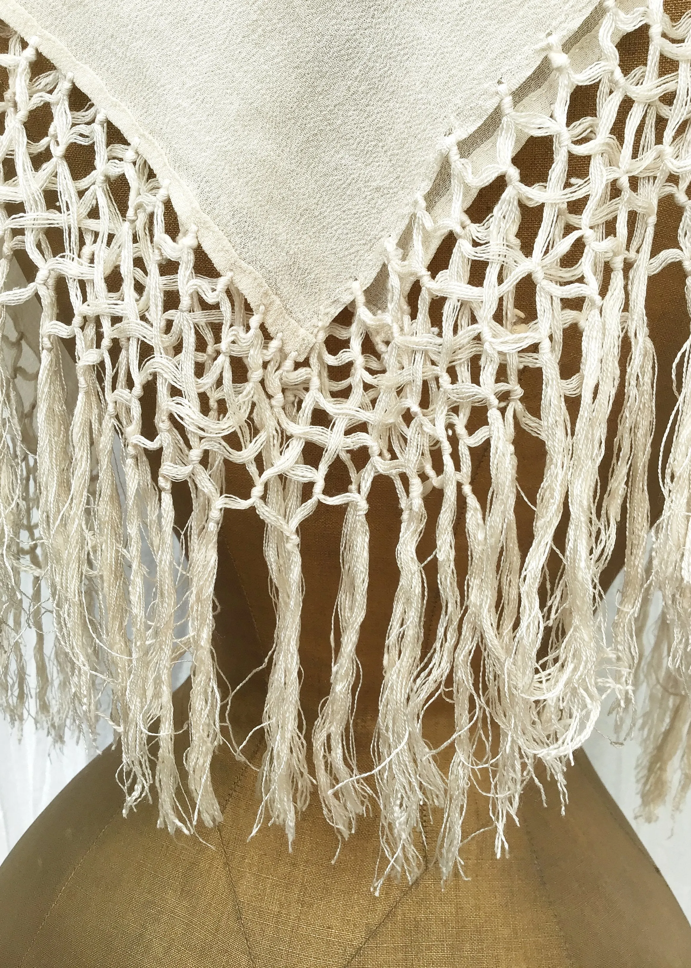 Small Vintage Cream Silk Embroidered Fringed Shawl