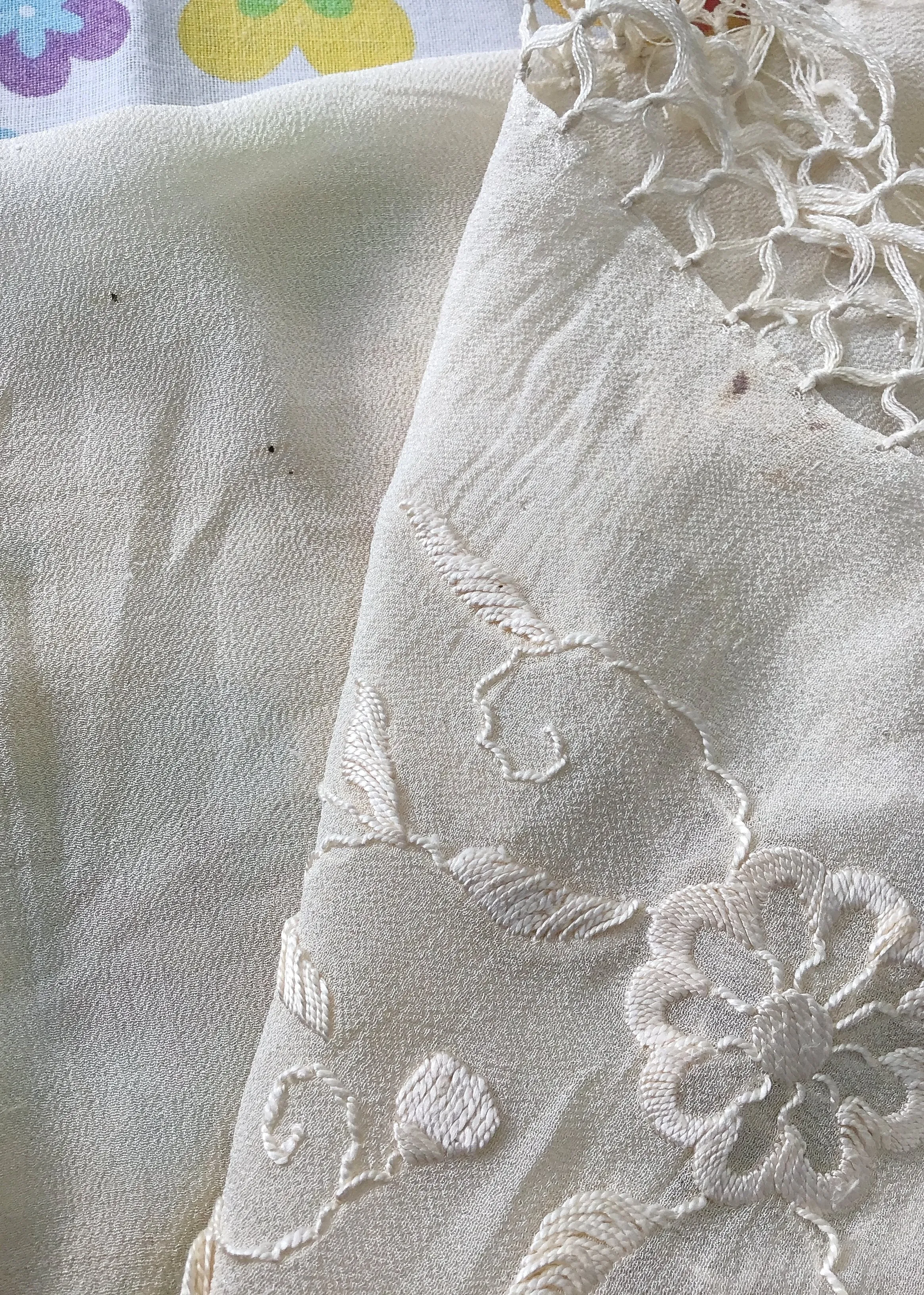 Small Vintage Cream Silk Embroidered Fringed Shawl