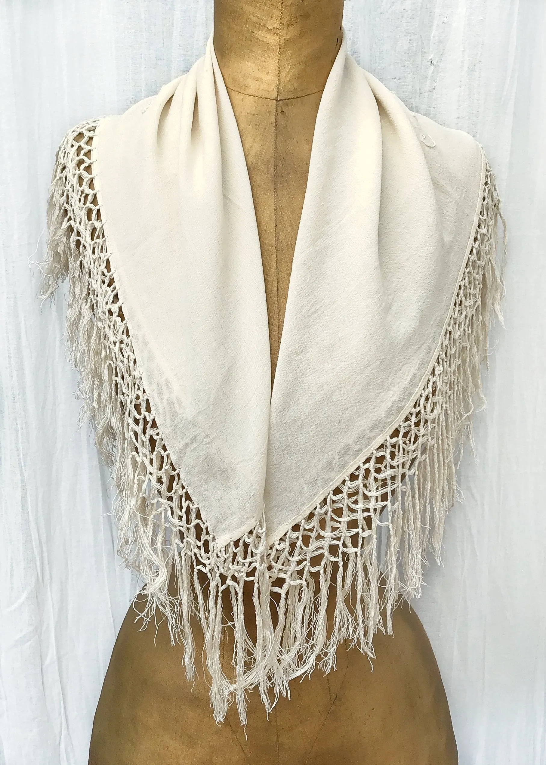 Small Vintage Cream Silk Embroidered Fringed Shawl