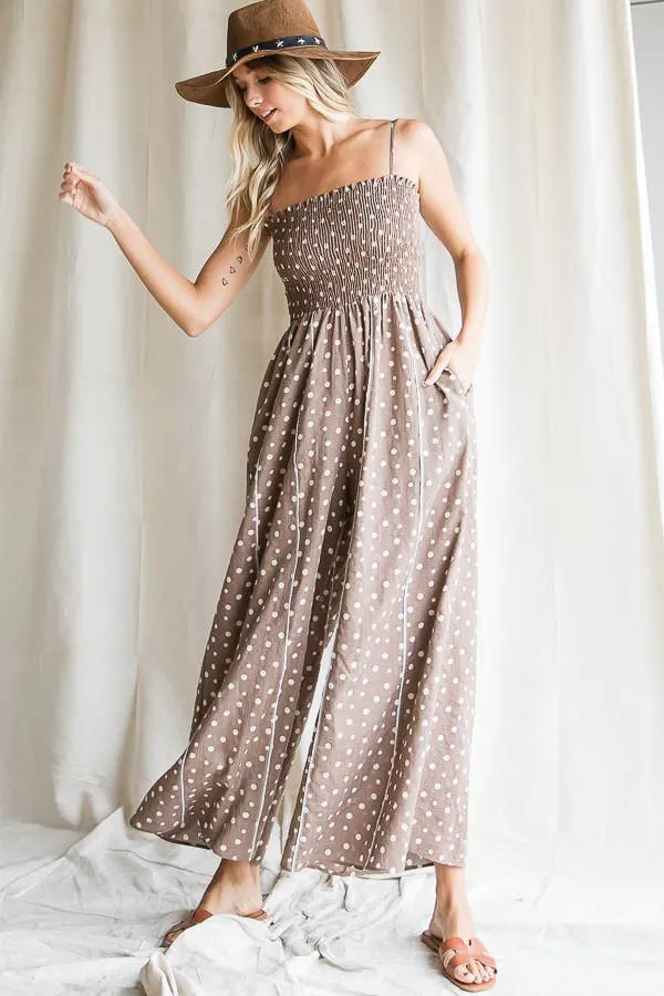 Smocked Polka Dot Printed Jumpsuit