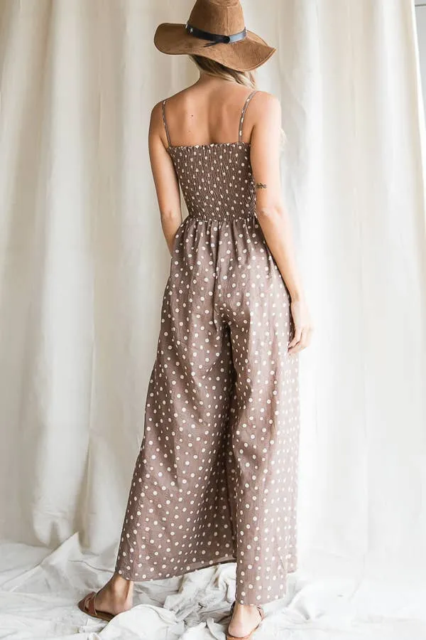 Smocked Polka Dot Printed Jumpsuit