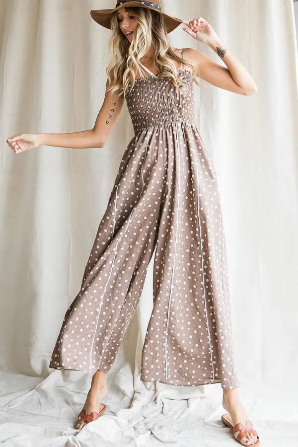 Smocked Polka Dot Printed Jumpsuit