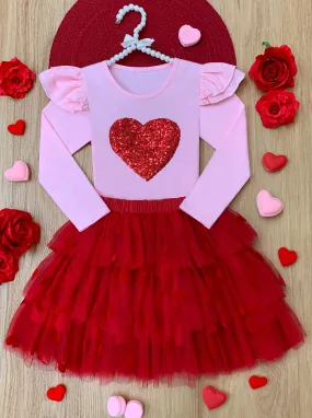 Sparkling Heart Ruffle Shoulder Top and Tiered Skirt Set