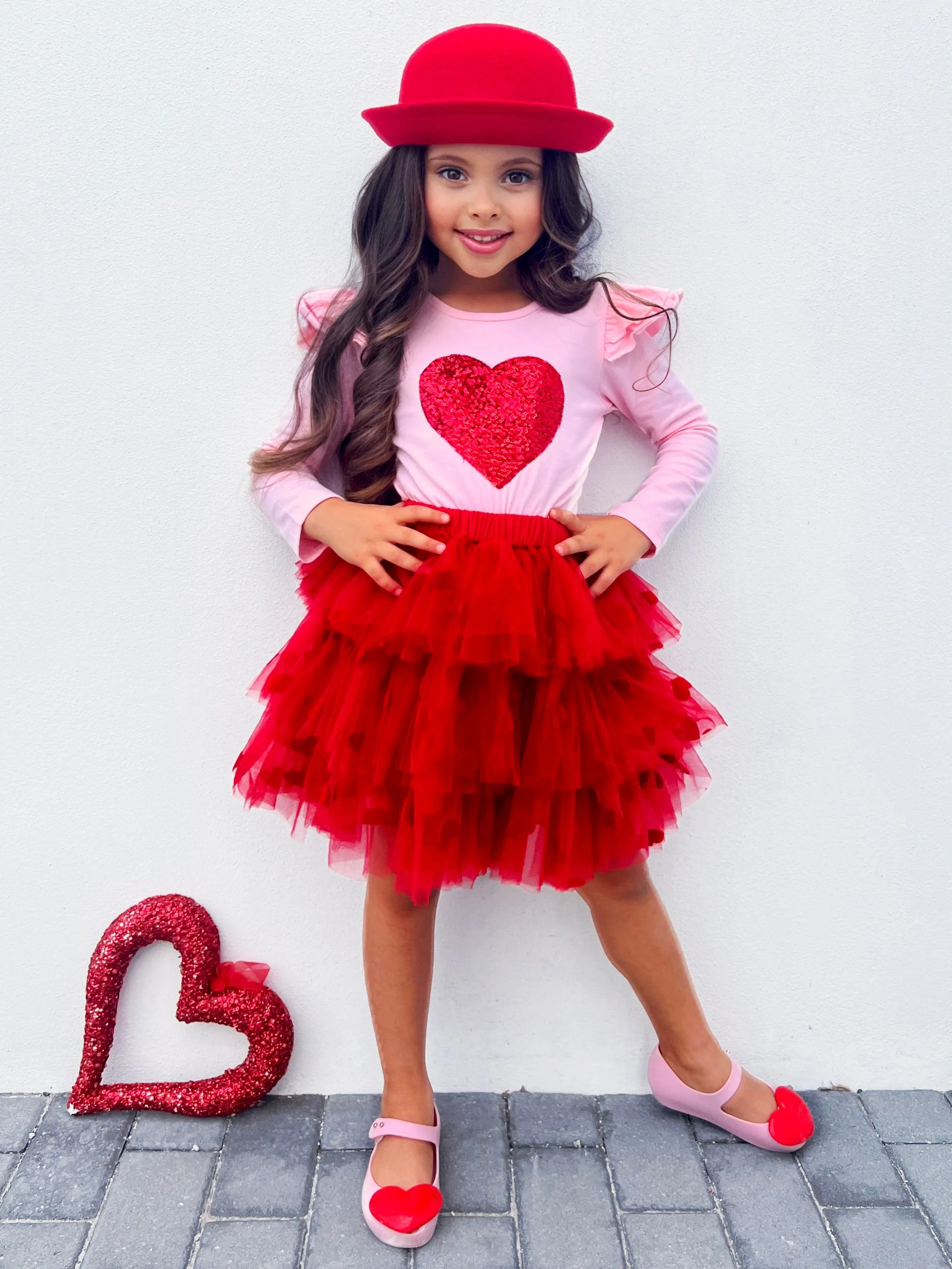 Sparkling Heart Ruffle Shoulder Top and Tiered Skirt Set