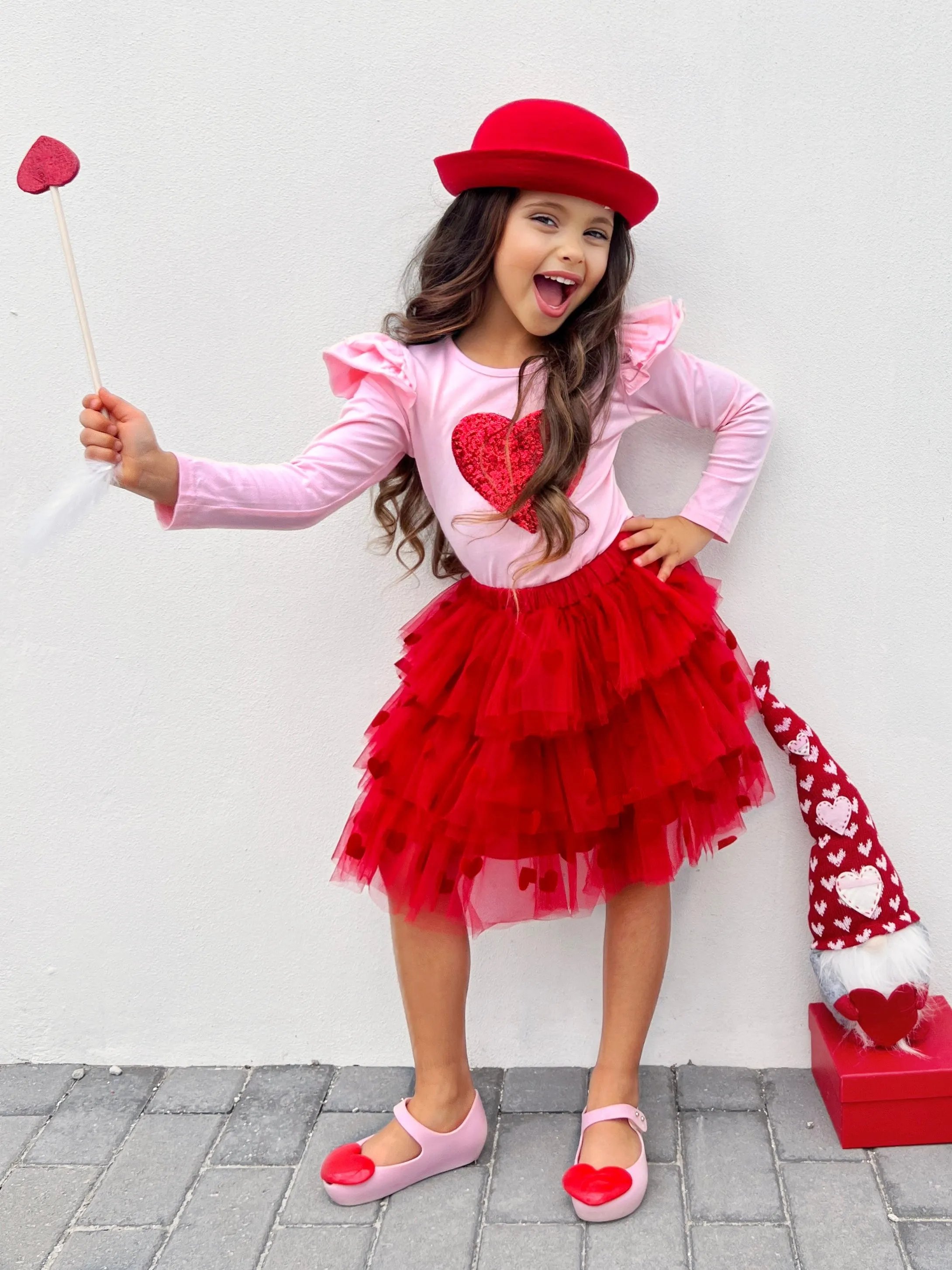 Sparkling Heart Ruffle Shoulder Top and Tiered Skirt Set