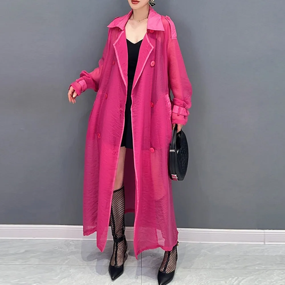 Spring Loose Sheer Trench For Women Notched Collar Long Sleeve Spliced Lace Up High Waist Plaeted Solid Coat Female