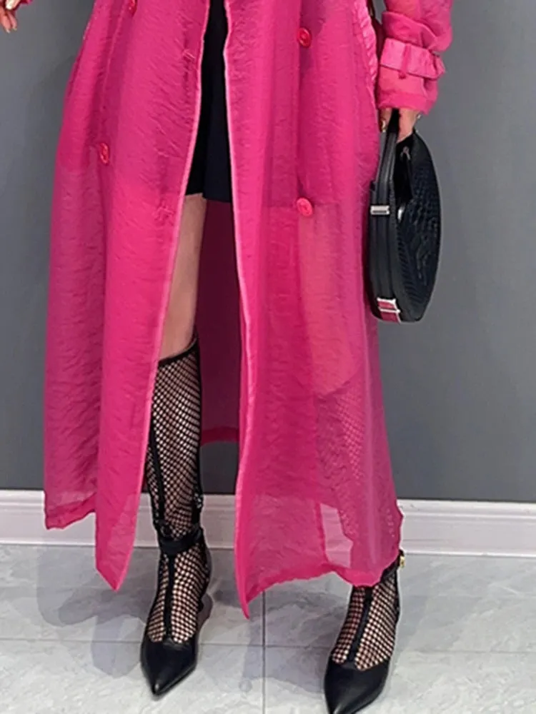 Spring Loose Sheer Trench For Women Notched Collar Long Sleeve Spliced Lace Up High Waist Plaeted Solid Coat Female