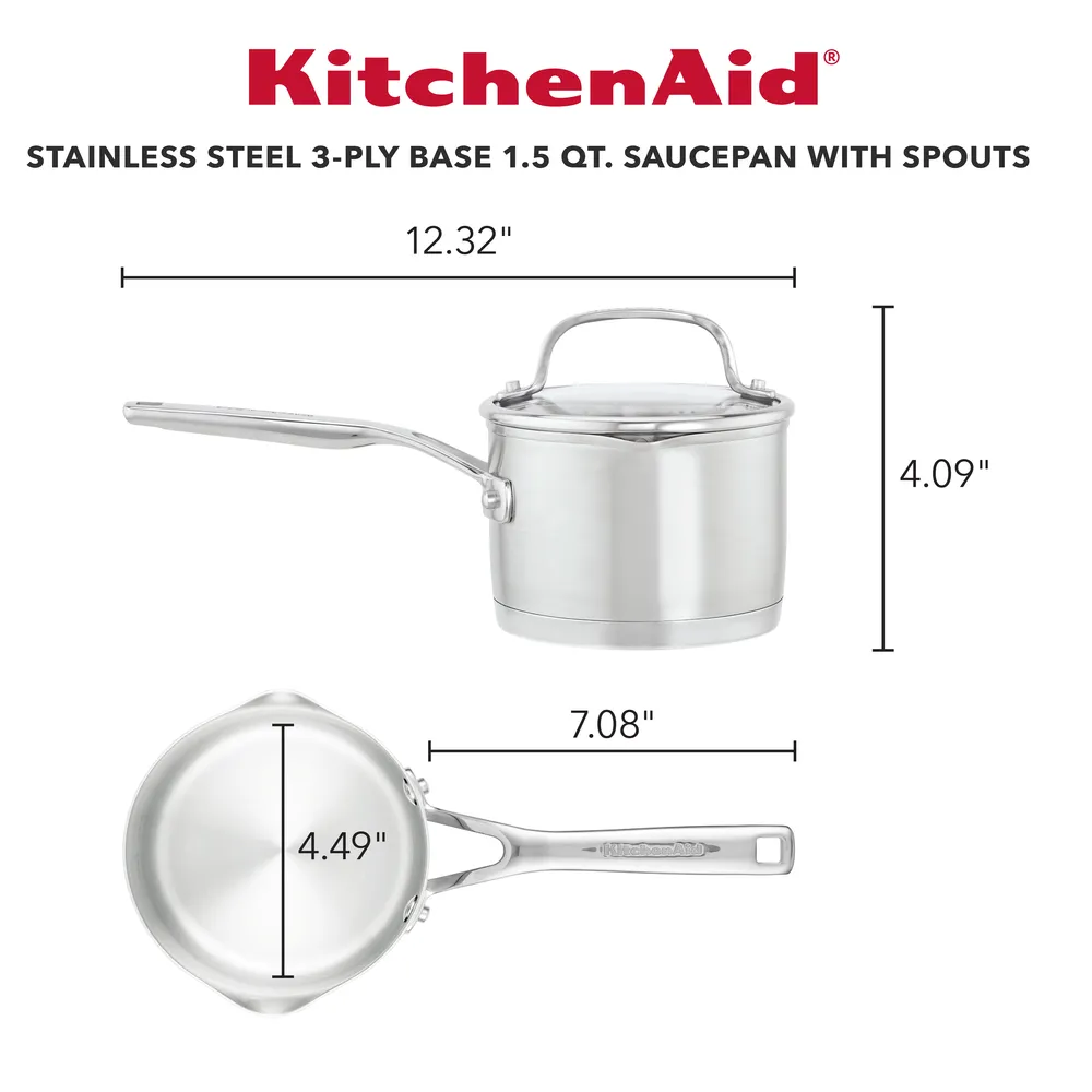 Stainless Steel 3-Ply Base 1.5-Quart Saucepan with Pour Spouts