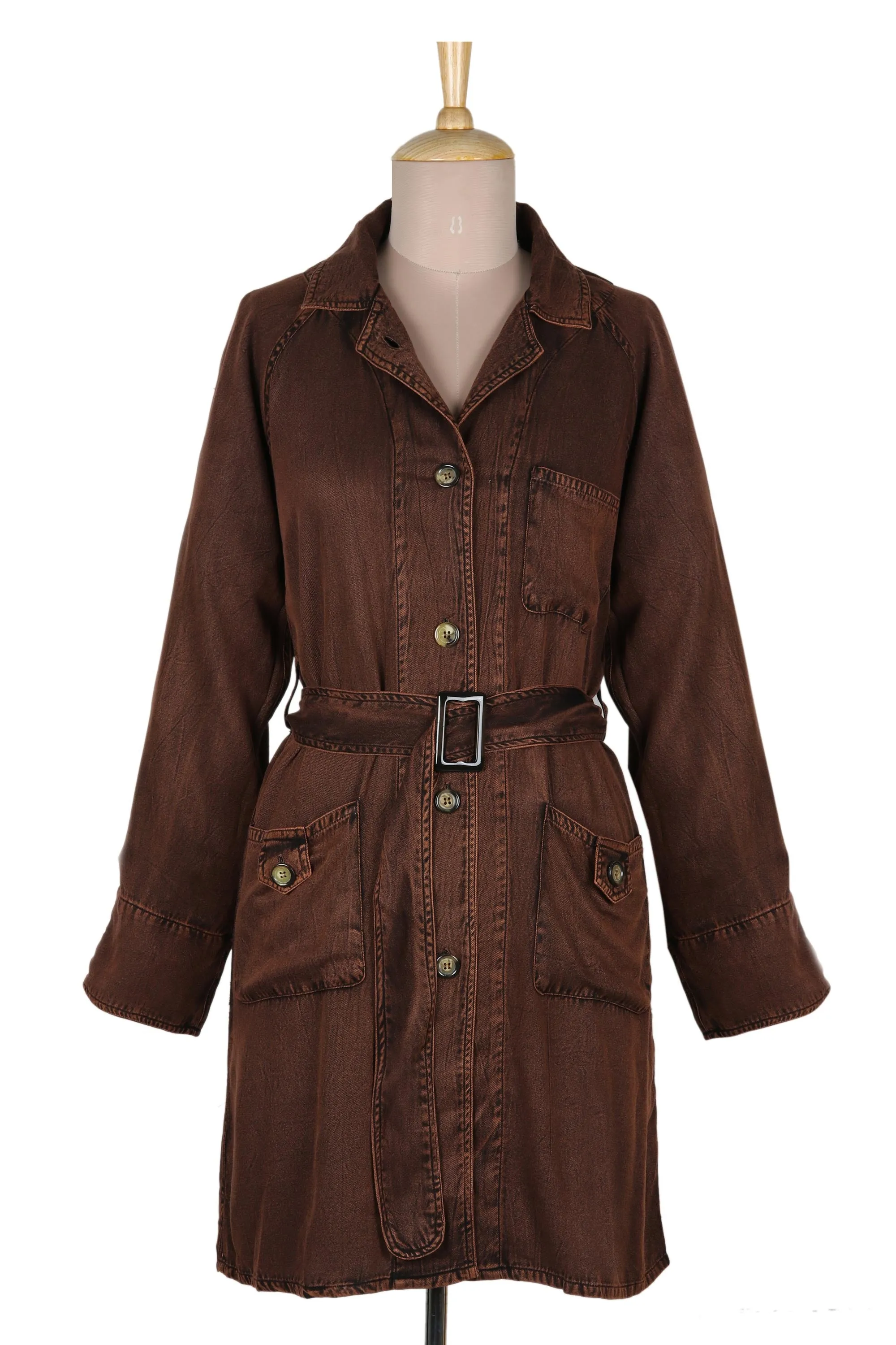 Stone Washed Brown Viscose Trench Coat - Jaipur Fall | NOVICA