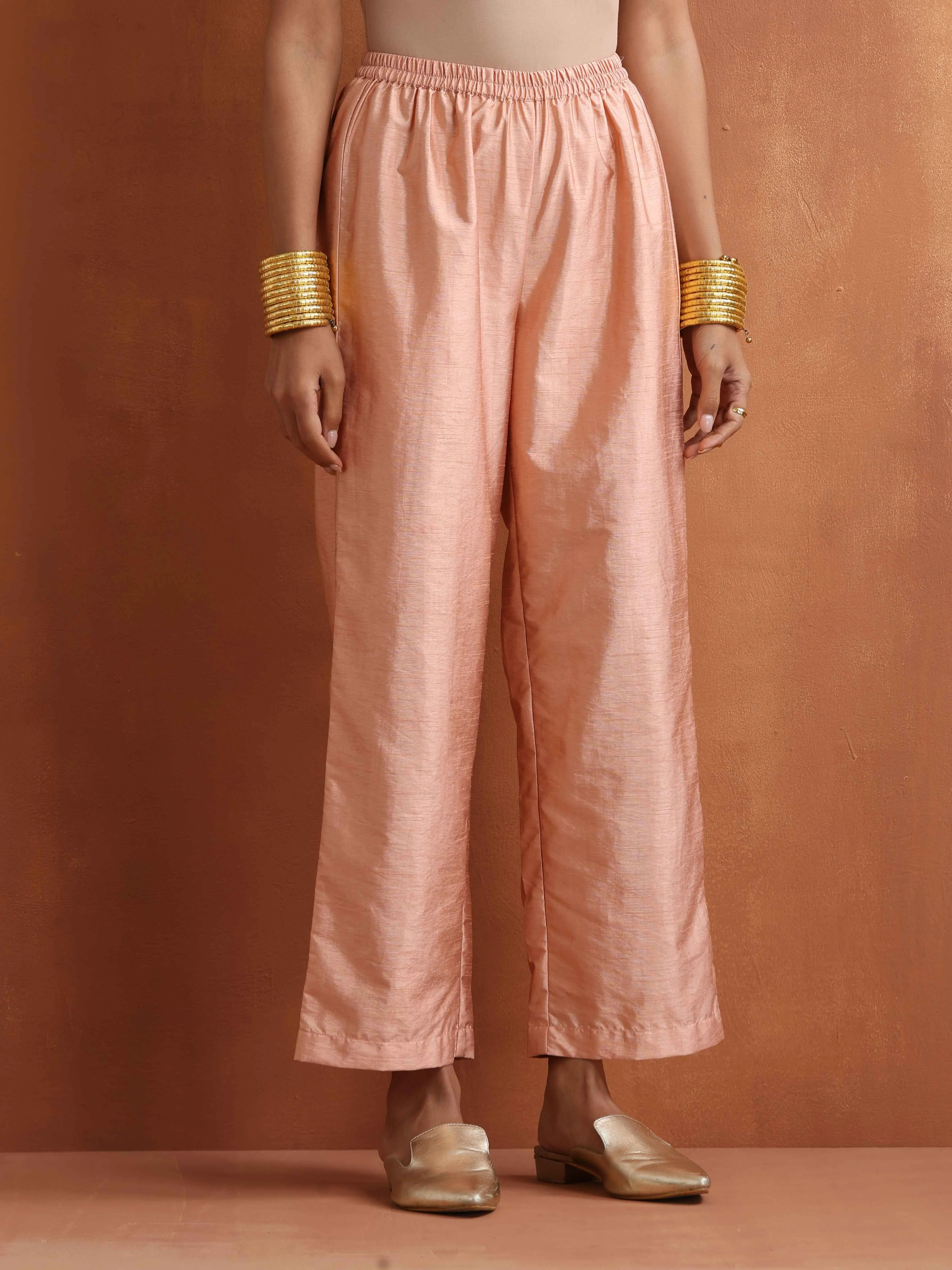 trueBrowns Blush Pink Tissue Flared Anarkali Kurta Set