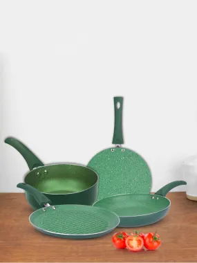 USHA SHRIRAM Green Non-Stick Cookware Set | 24cm Deep Fry Pan, 25cm Grill Pan, 1L Sauce Pan, 25cm Roti Tawa | Minimal Oil Cooking | Easy Grip Handles| Non-Toxic & Lightweight | Pack of 4