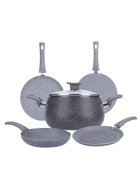 USHA SHRIRAM Grey Non-Stick Cookware Set | 5L Handi with Lid, 24cm Fry Pan, 26cm Roti Tawa, 25cm Grill Pan | Easy Grip Handles | 3-Layer Non-Stick Coating | Non-Toxic & Lightweight | Pack of 5