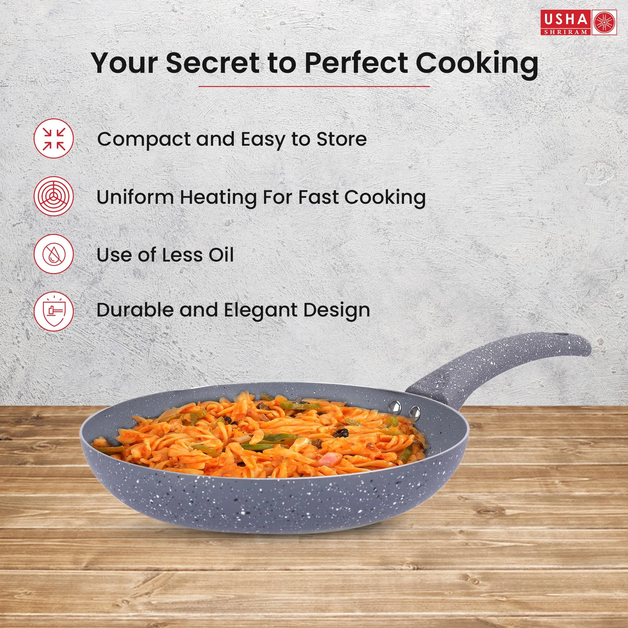 USHA SHRIRAM Non Stick Frying Fry Pan | Saute Pan Gas Cookware | Deep Small Fry Pan | Minimal Oil Cooking | Easy Grip Handle | 3 Layer Non Stick Coating | Non-Toxic & Lightweight (24 cm, Grey)