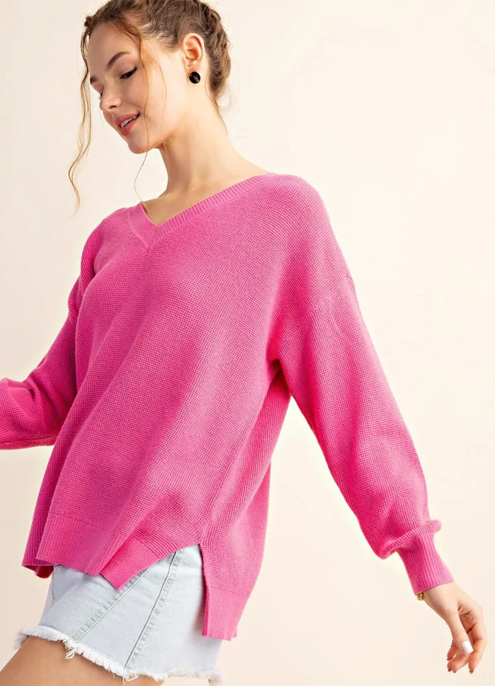 V Neck Drop Shoulder Sweater in Pink by Kori America