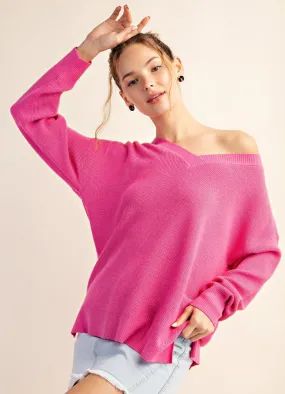 V Neck Drop Shoulder Sweater in Pink by Kori America