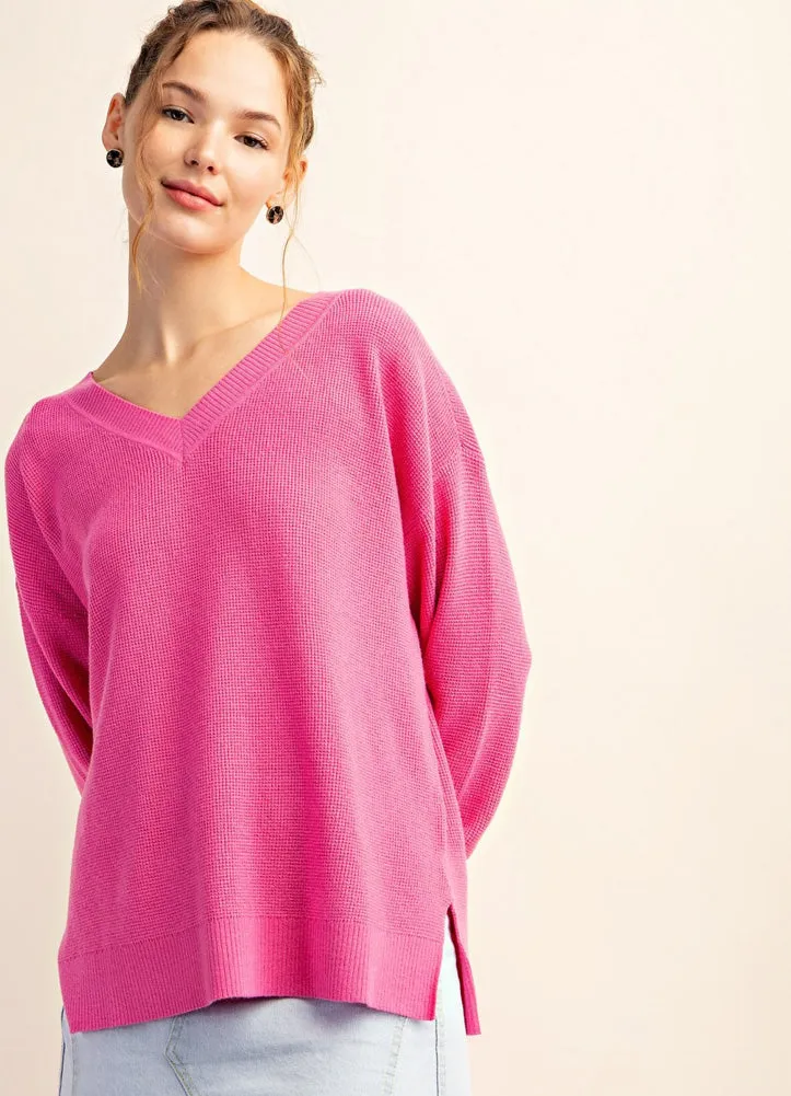 V Neck Drop Shoulder Sweater in Pink by Kori America