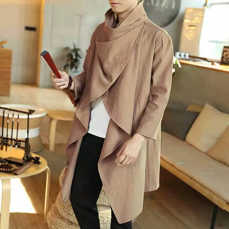 Vintage Ponchos Men Irregular Cardigan Coats Long Sleeve Scarf Collar Trench Cotton Outwear Solid Cloak Jackets Men Streetwear