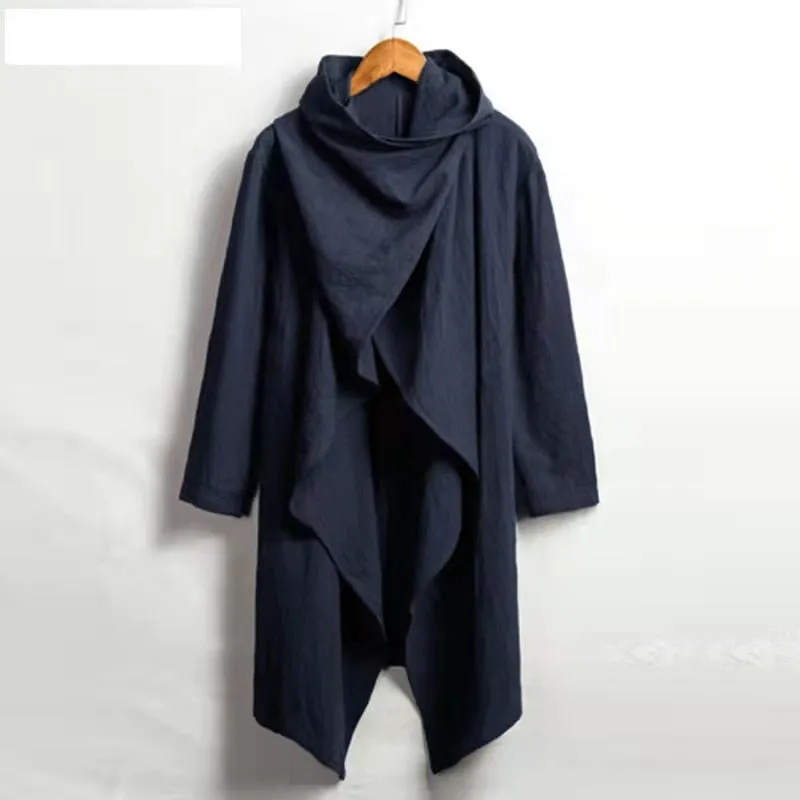 Vintage Ponchos Men Irregular Cardigan Coats Long Sleeve Scarf Collar Trench Cotton Outwear Solid Cloak Jackets Men Streetwear