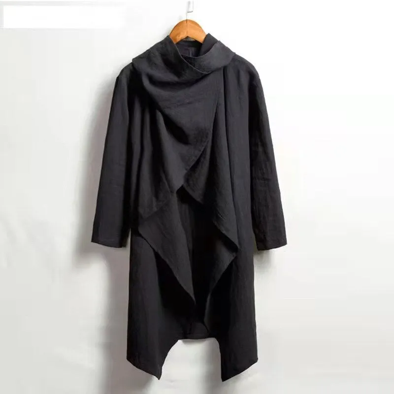 Vintage Ponchos Men Irregular Cardigan Coats Long Sleeve Scarf Collar Trench Cotton Outwear Solid Cloak Jackets Men Streetwear