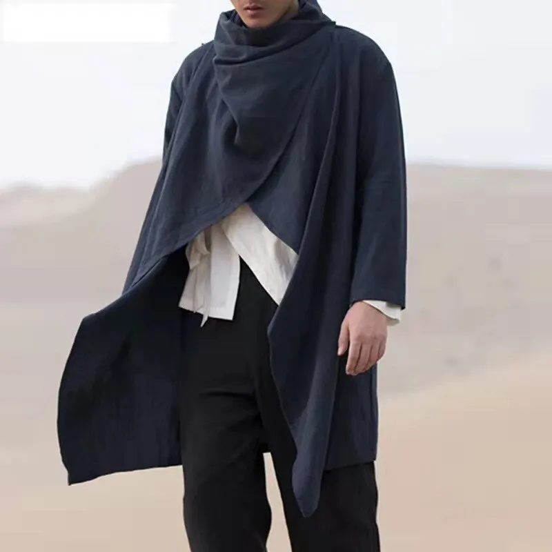 Vintage Ponchos Men Irregular Cardigan Coats Long Sleeve Scarf Collar Trench Cotton Outwear Solid Cloak Jackets Men Streetwear