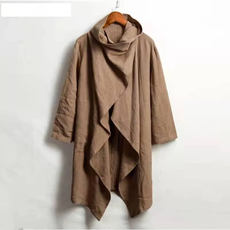 Vintage Ponchos Men Irregular Cardigan Coats Long Sleeve Scarf Collar Trench Cotton Outwear Solid Cloak Jackets Men Streetwear