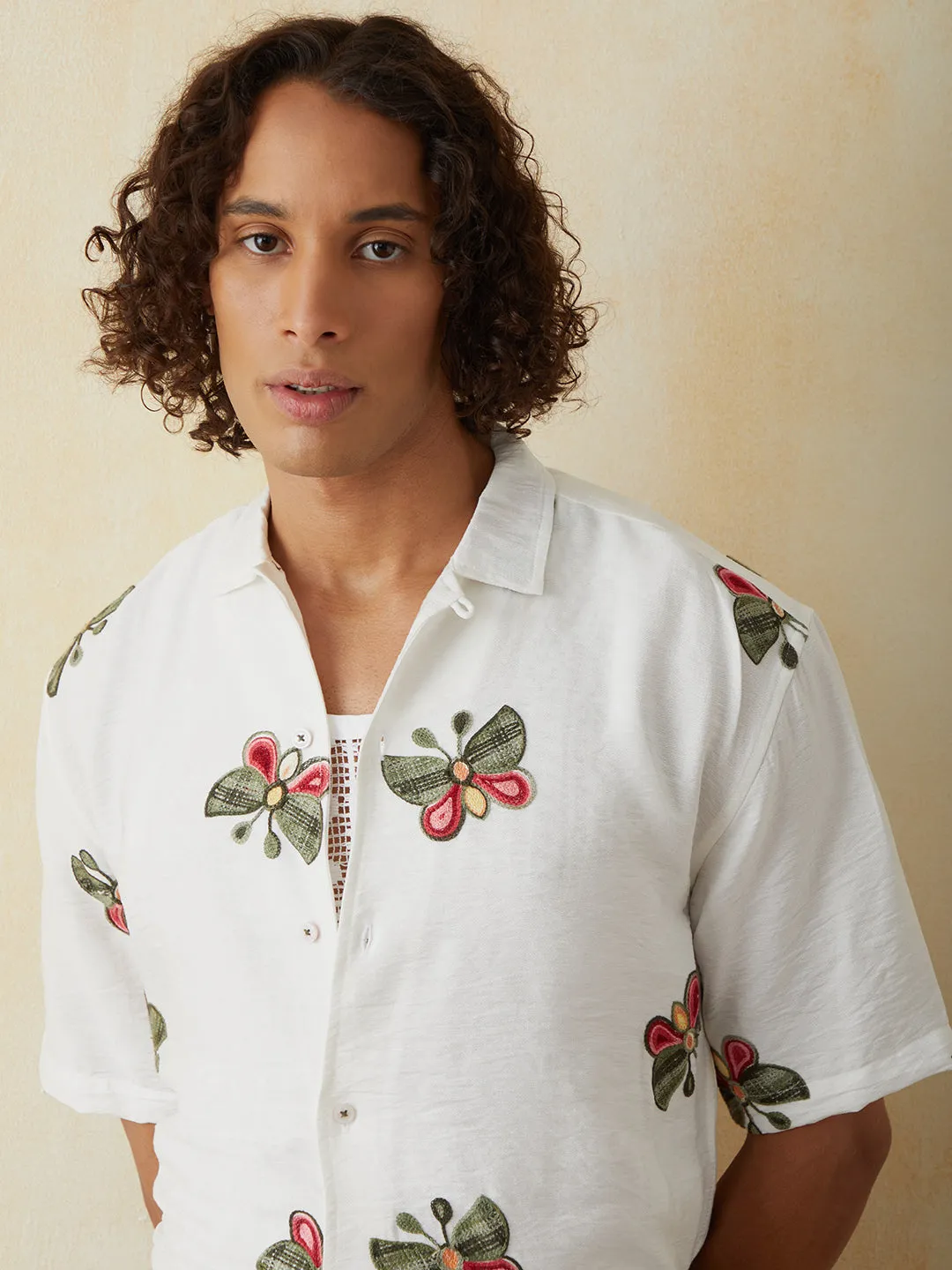 White Embroidered Half Sleeve Resort Shirt