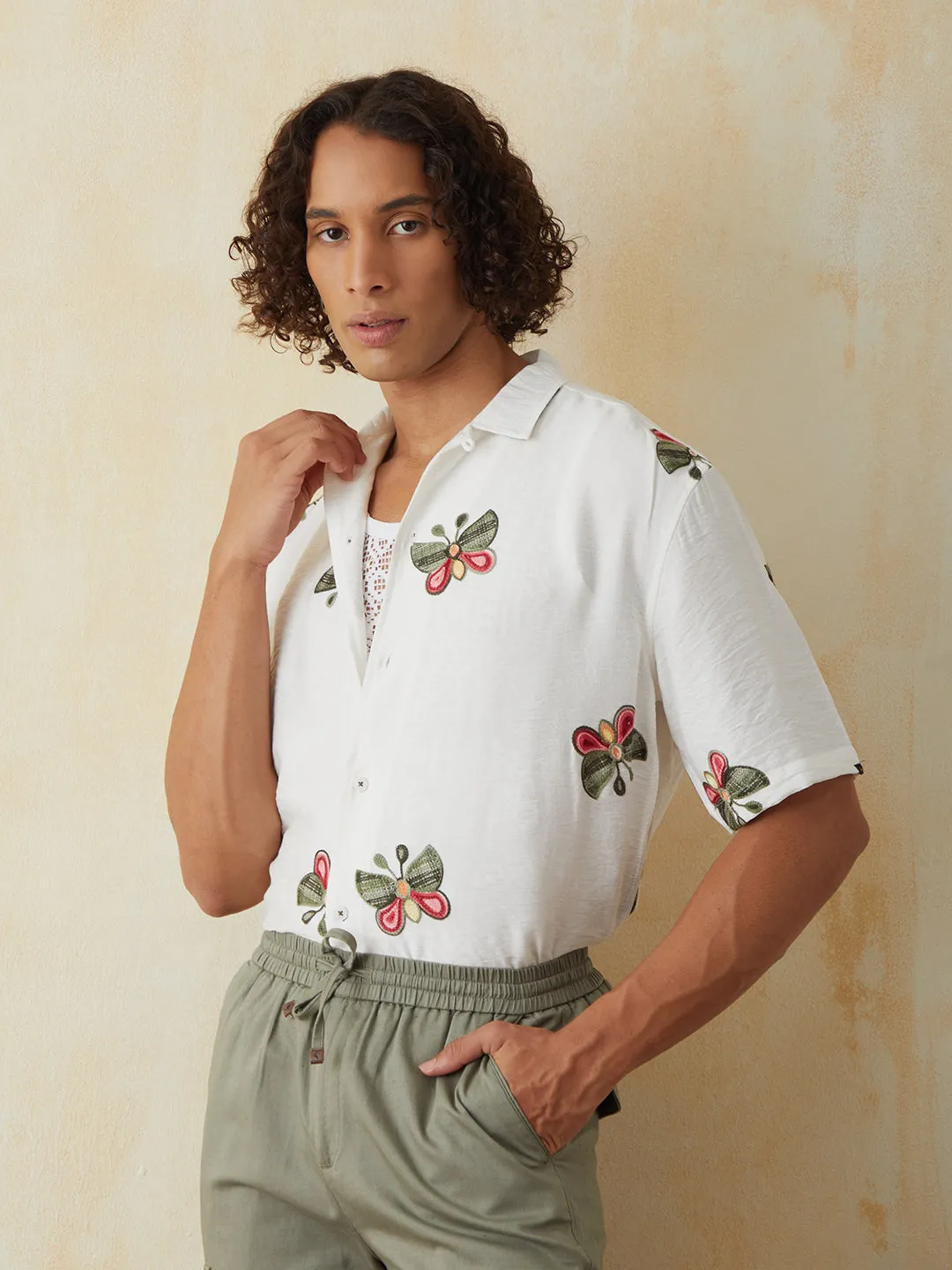 White Embroidered Half Sleeve Resort Shirt