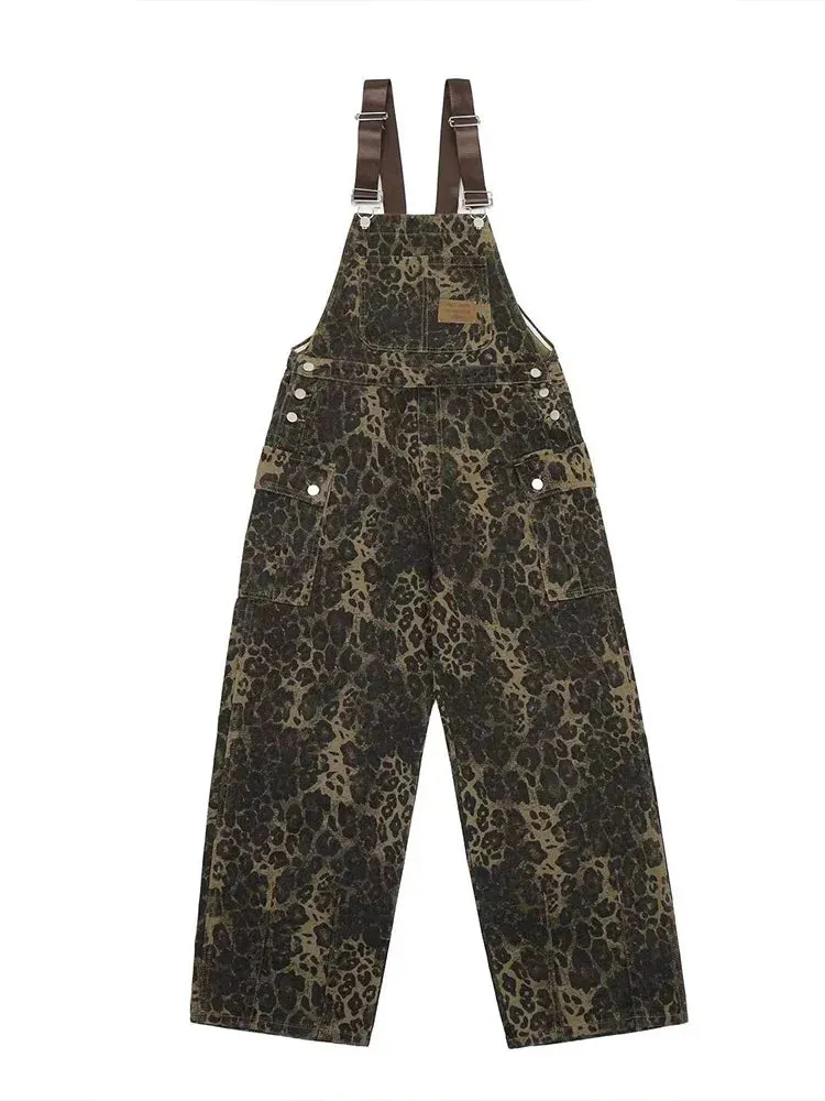 Wiaofellas  -  Cargo Leopard Jumpsuit for Men Streetwear Hip Hop Punk Loose Bodysuits Overalls Male Animal Print Pocket Pants