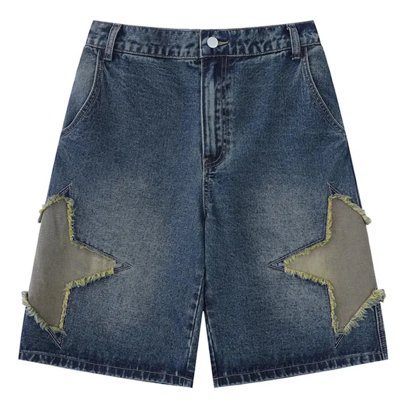 Wiaofellas  -  Harajuku Denim Shorts Men Star Embroidery Oversized Hip Hop Wash Blue Jeans Cargo Shorts Summer Casual Loose Basketball Bermuda