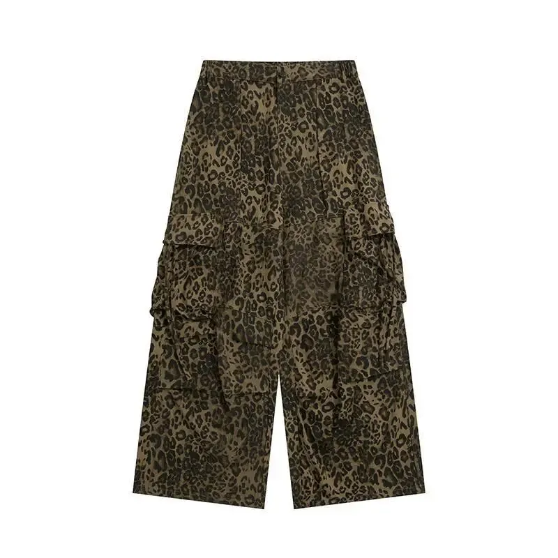 Wiaofellas  -  Tan Leopard Cargo Pants Men Y2K Parachute Oversize Wide Leg Trousers Male Streetwear Hip Hop Harajuku Animal Print