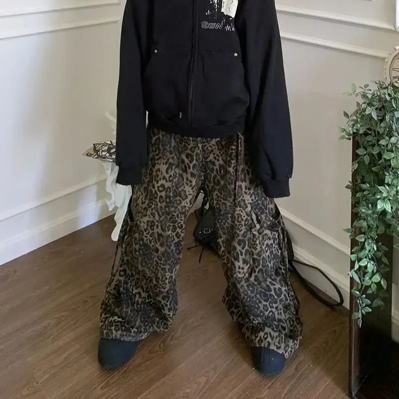 Wiaofellas  -  Tan Leopard Cargo Pants Men Y2K Parachute Oversize Wide Leg Trousers Male Streetwear Hip Hop Harajuku Animal Print