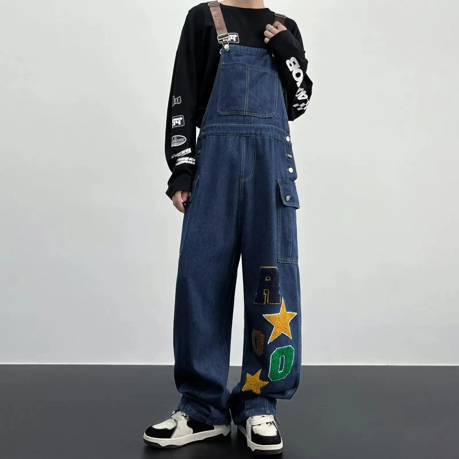 Wiaofellas  -  Y2K Cargo Jeans Jumpsuit for Men Streetwear Hip Hop Punk Loose Denim Bodysuits Overalls Male Japanese Print Pocket Pants