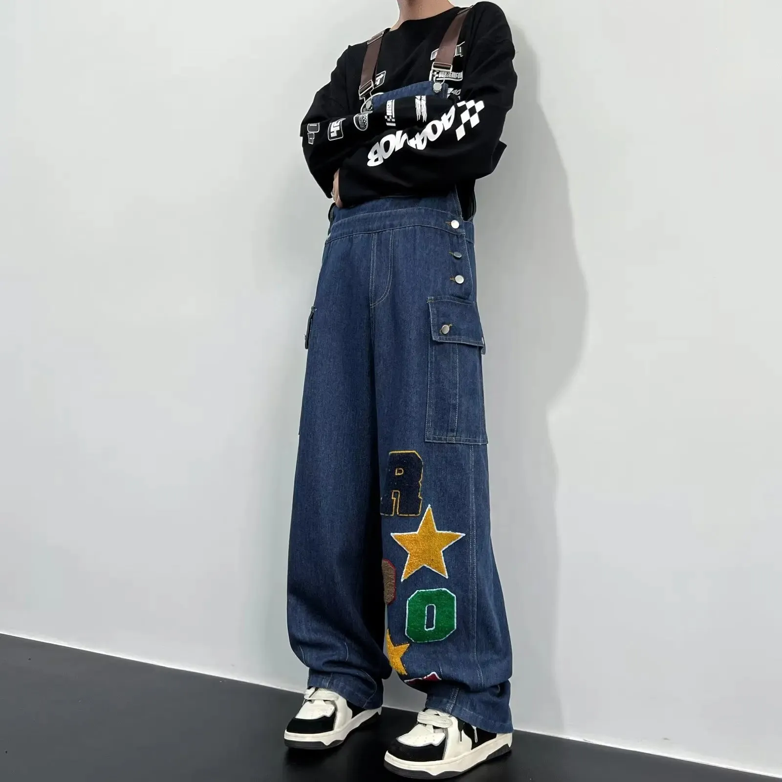 Wiaofellas  -  Y2K Cargo Jeans Jumpsuit for Men Streetwear Hip Hop Punk Loose Denim Bodysuits Overalls Male Japanese Print Pocket Pants