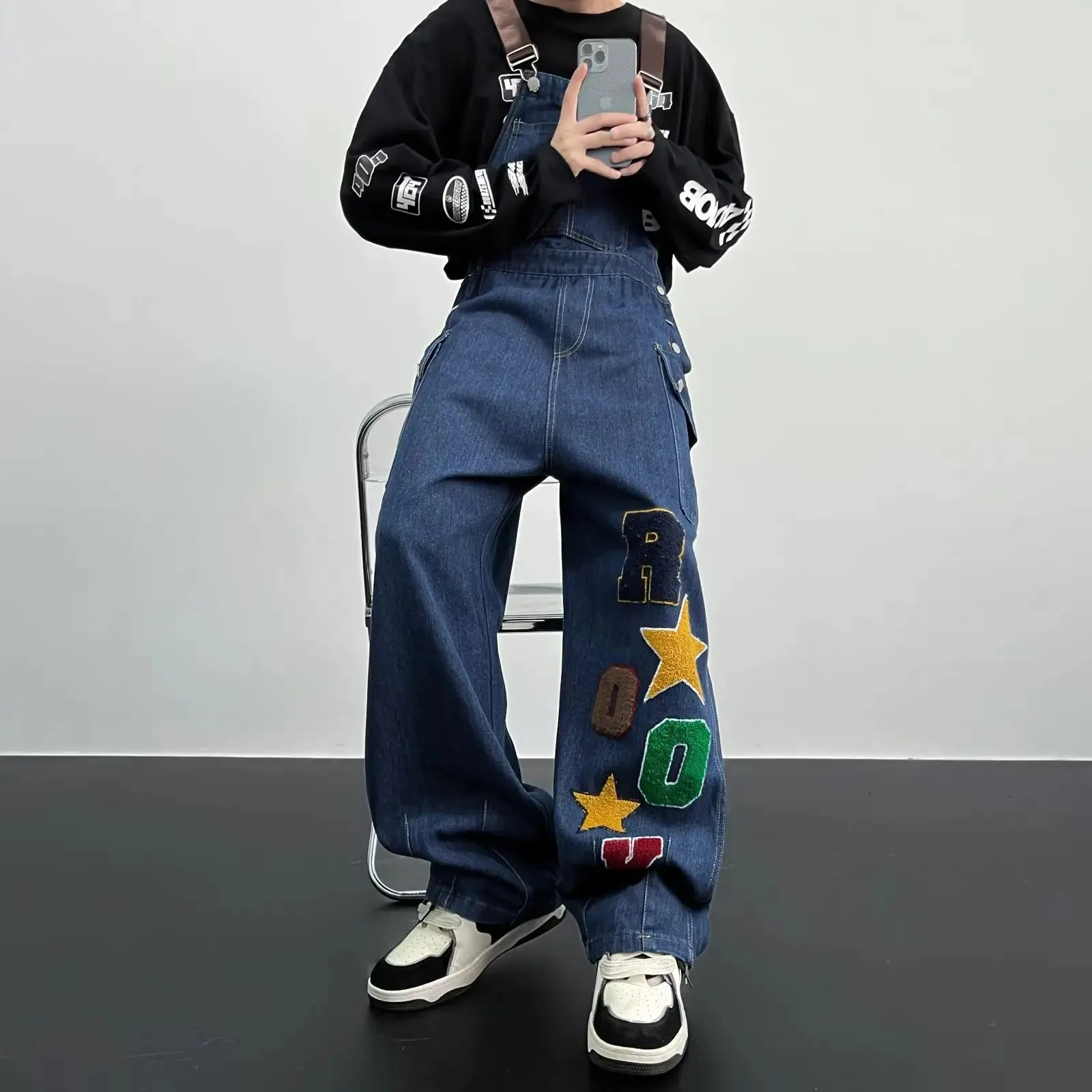 Wiaofellas  -  Y2K Cargo Jeans Jumpsuit for Men Streetwear Hip Hop Punk Loose Denim Bodysuits Overalls Male Japanese Print Pocket Pants