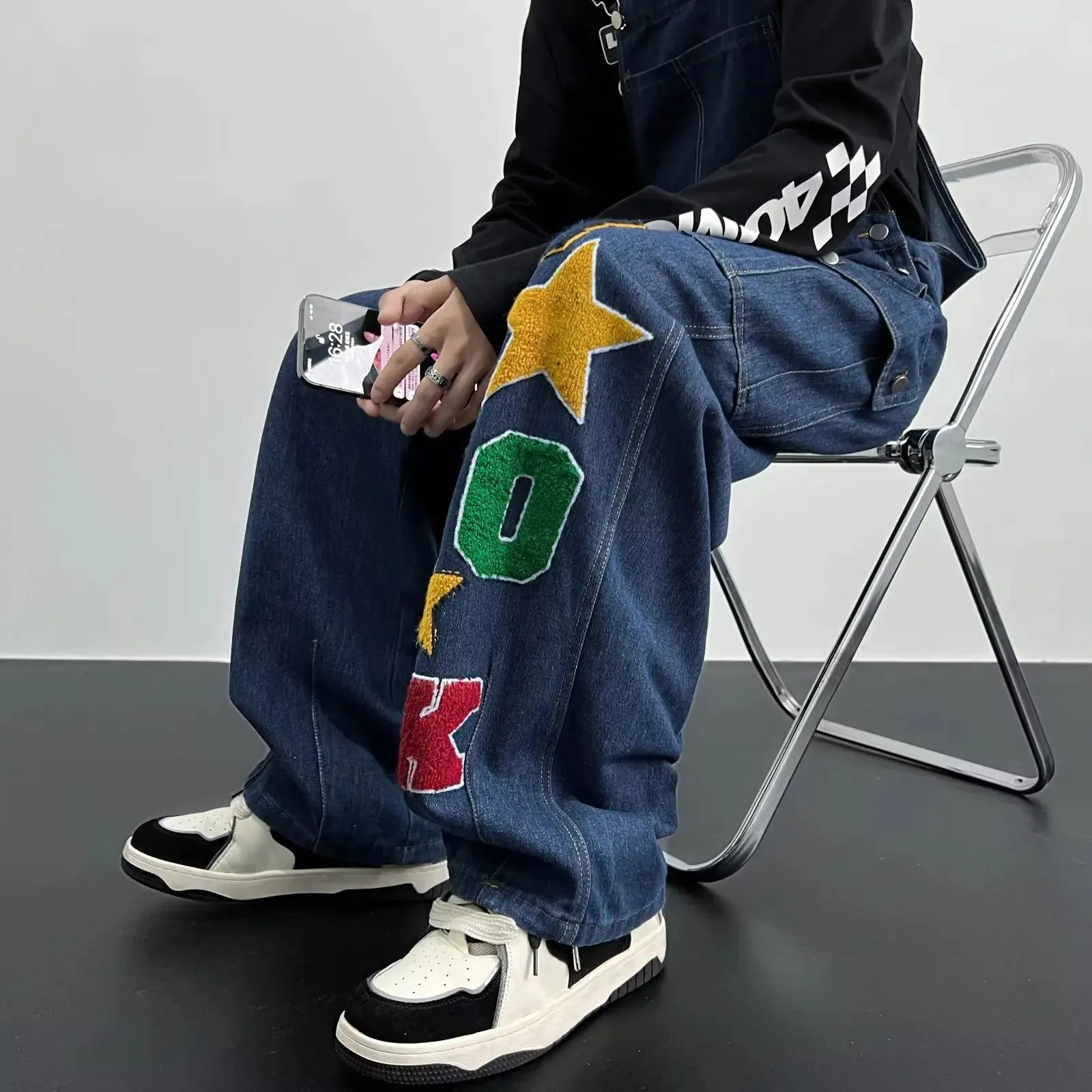 Wiaofellas  -  Y2K Cargo Jeans Jumpsuit for Men Streetwear Hip Hop Punk Loose Denim Bodysuits Overalls Male Japanese Print Pocket Pants