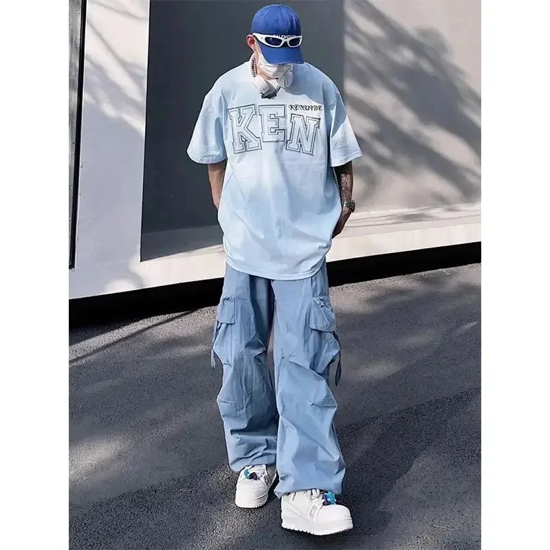 Wiaofellas  -  Y2K Cargo Pants for Men Hip Hop Harajuku Parachute Cargo Trousers Male Blue Japanese Loose Casual Streetwear Hip Hop