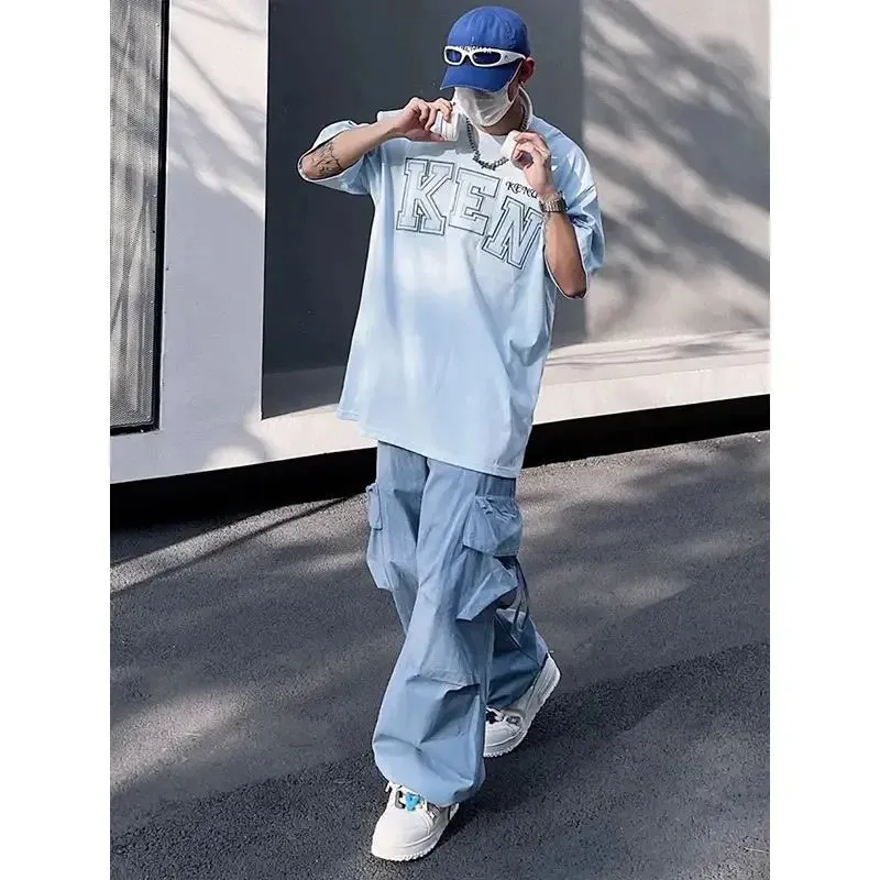 Wiaofellas  -  Y2K Cargo Pants for Men Hip Hop Harajuku Parachute Cargo Trousers Male Blue Japanese Loose Casual Streetwear Hip Hop