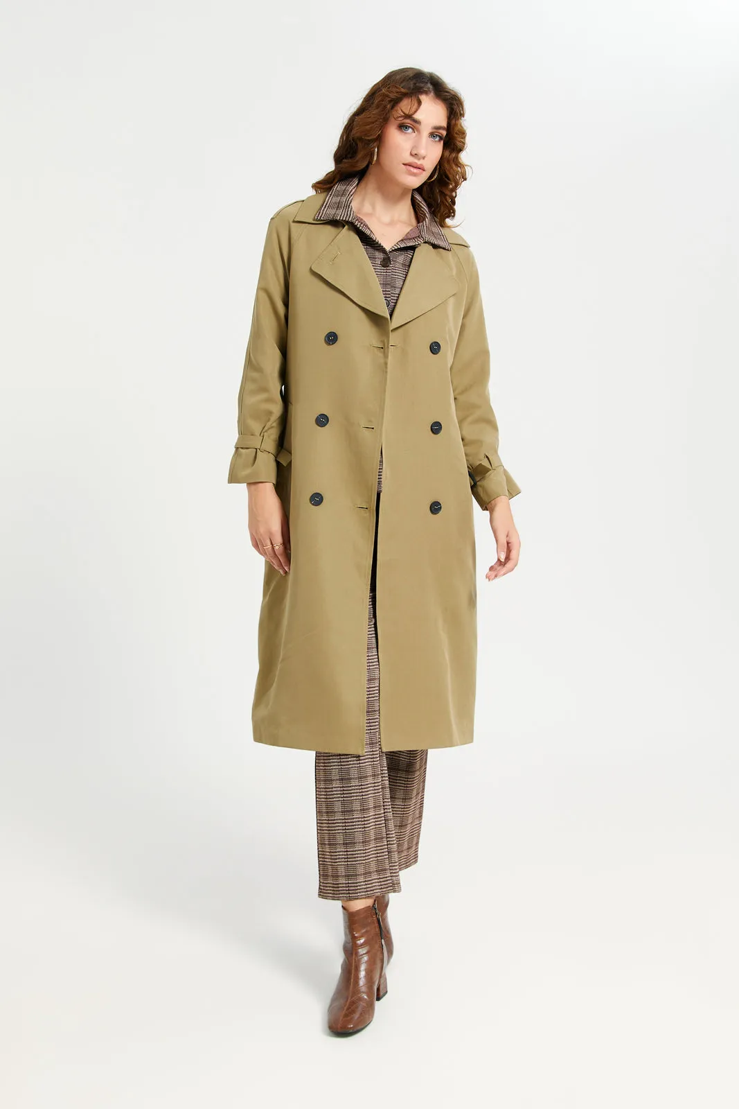 Women Beige Plain Belted Trench Coat