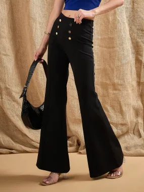 Women Black Front Button Flared Bell Bottom Pants